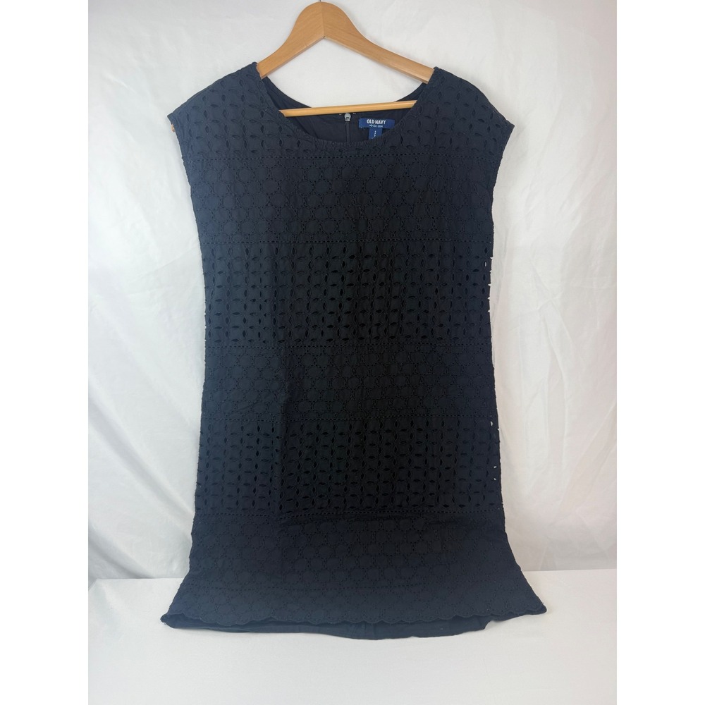 Old Navy Size S Petite Black Eyelet Lace Shift Dress Cap Sleeve Lined #mc